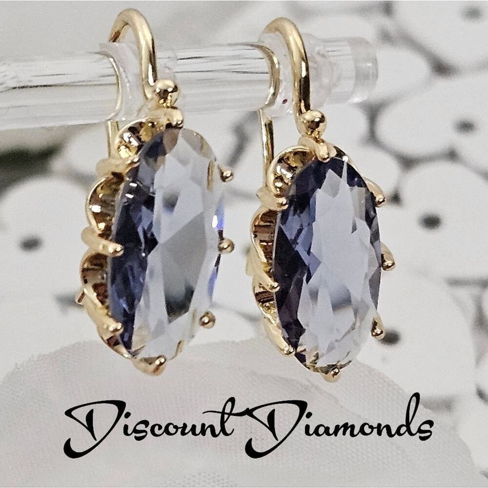 Oval Blue Topaz French Hook Earrings 14K Gold on 925 Sterling Silver